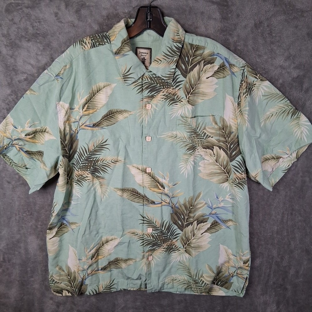 Jamaica Jaxx Short Sleeve Shirt Men Size Large Teal Green Floral Print 100% Silk